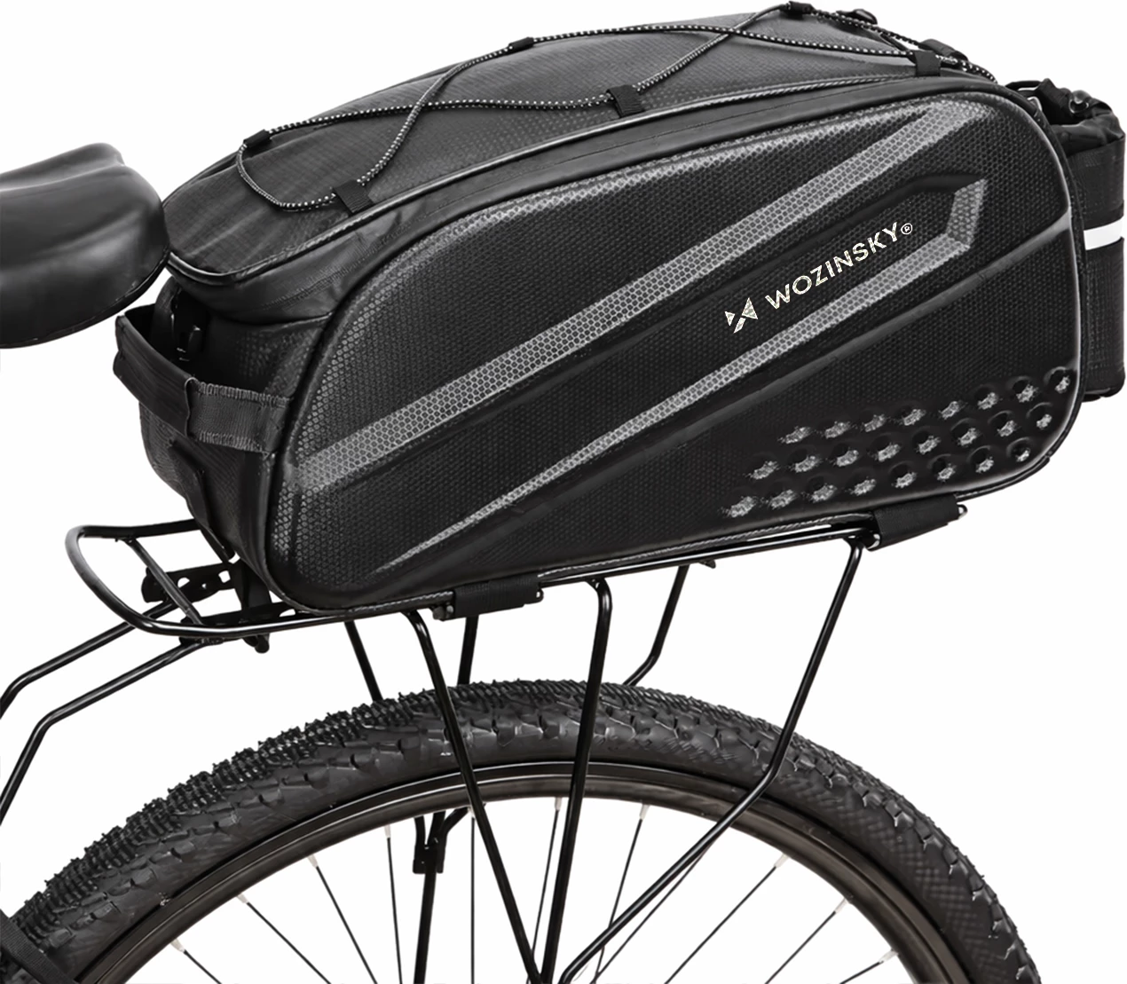 Çantë bagazhi biçiklete, Wozinsky, 14 L, me rrip të gjatë dhe xhepa anësorë të zgjërueshëm, montim me rripa Velcro, e papërshkueshme nga uji, e zezë