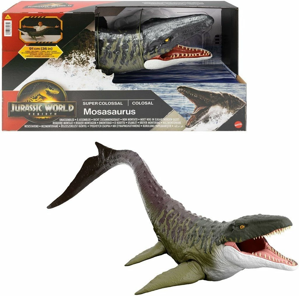 Figurinë dinosauri Mattel Jurassic World Rebirth Super Colossal Mosasaurus JGB51 94 cm, jeshile/gri