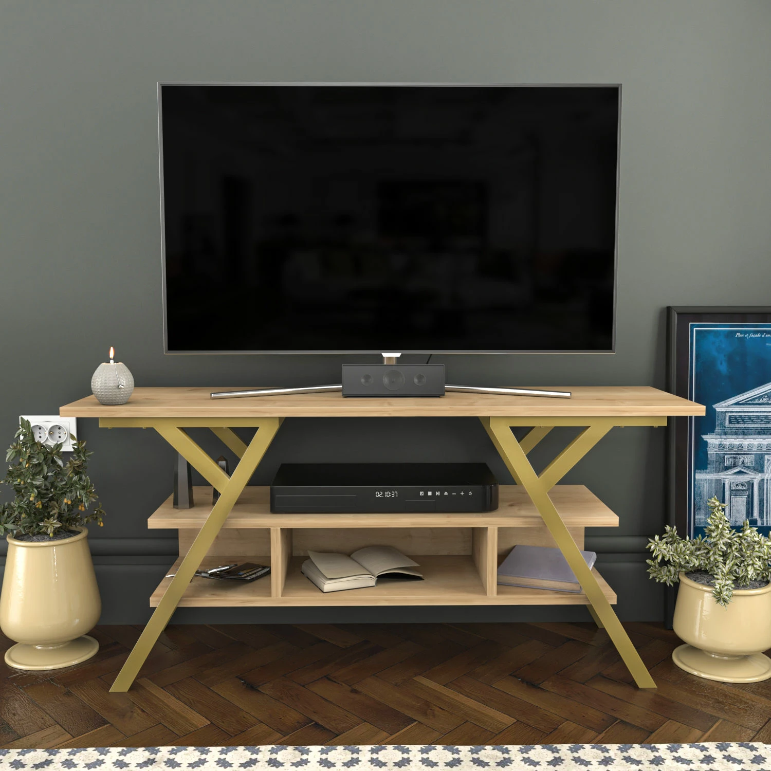 Komodinë për TV Skye Decor, ngjyrë ari, lis, Minerva