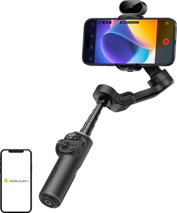 Gimbal stabilizues AOCHUAN Smart X2, 3-bosht, me sensor AI, krah zgjatues 20 cm, për celular 55–90 mm, deri 330 g, set me tripod, i zi