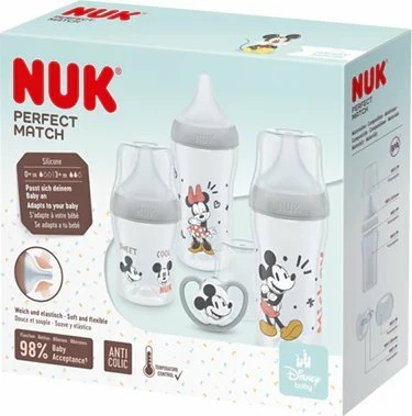 Set shishe për bebe NUK Perfect Match 10225330, 2x260 ml + 1x150 ml, biberon silikoni, 4 copë, shumëngjyrëshe (Mickey Mouse)