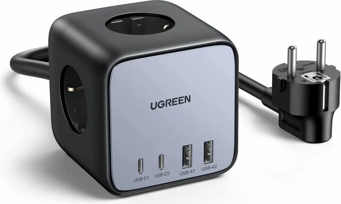 Shirit rryme/karikues UGREEN DigiNest Cube 60113 65W 7-në-1 GaN III 2xUSB-C 2xUSB-A 3xpriza AC kabllo 1.8m, zi/gri