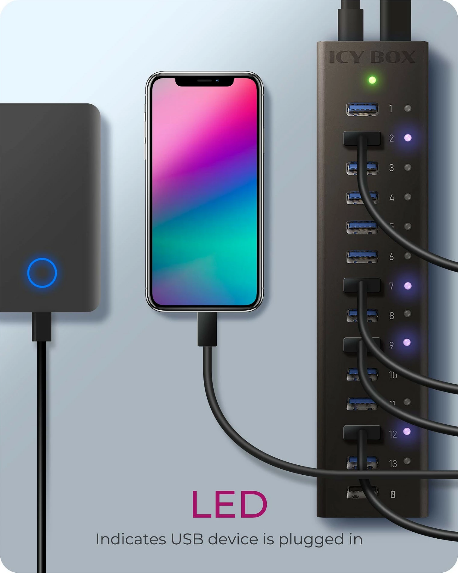 USB hub ICY BOX IB-AC6113, 14 porta, USB 3.2 Gen 1, alumini, e zezë