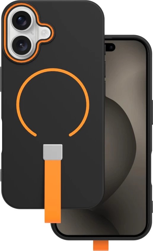 Mbështjellës Liquid Silicone ONASI MPN 24164 për iPhone 17 Air, MagSafe, me rrip, zi-portokalli