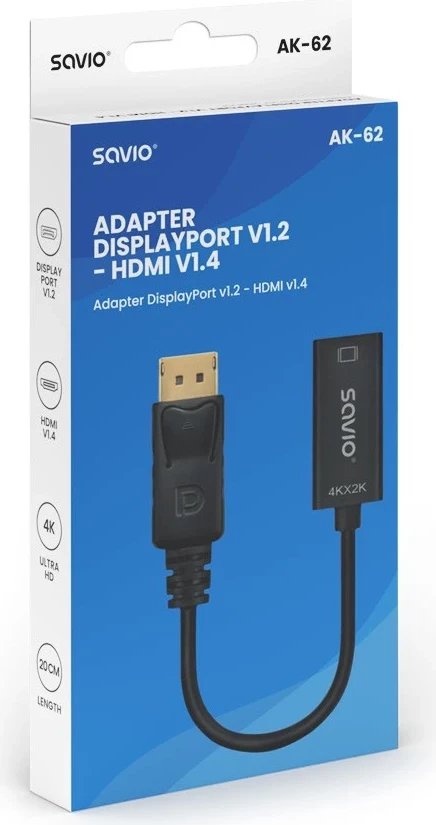 Adapter Savio DisplayPort (M) v1.2 - HDMI A (F) v1.4, 4K, AK-62