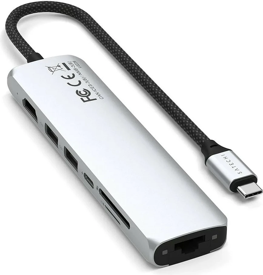 Adapter USB-C Satechi Slim Multi-Port Hub ST-P7SS, 7-në-1, HDMI, Ethernet, SD/microSD, argjendtë