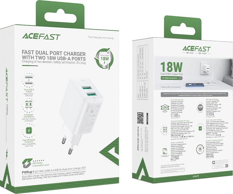 Karikues muri Acefast A33, 2x USB, 18W, i bardhë