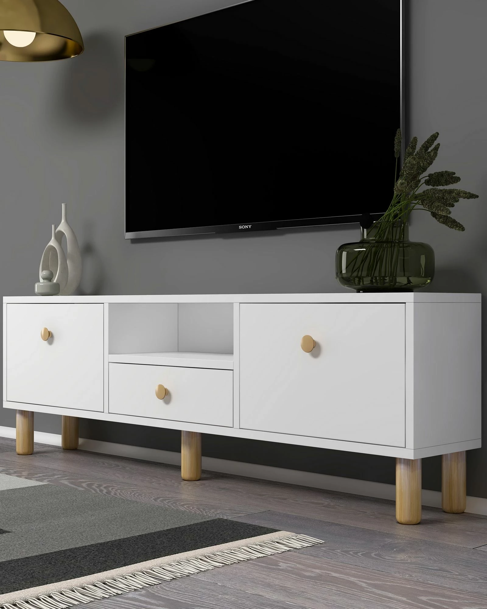 Komodë TV Skye Decor, e bardhë, lisi sapphire, 1310-DROP-1