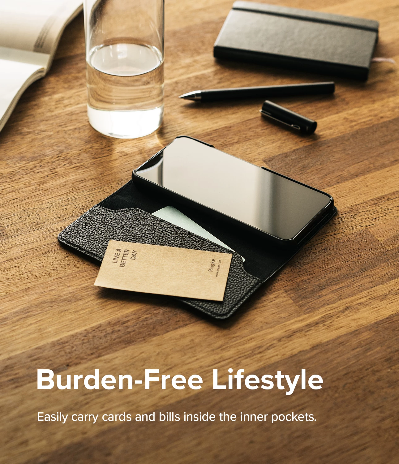 Mbështjellës Ringke Folio Signature për Samsung Galaxy S22+, lëkurë sintetike, e zezë