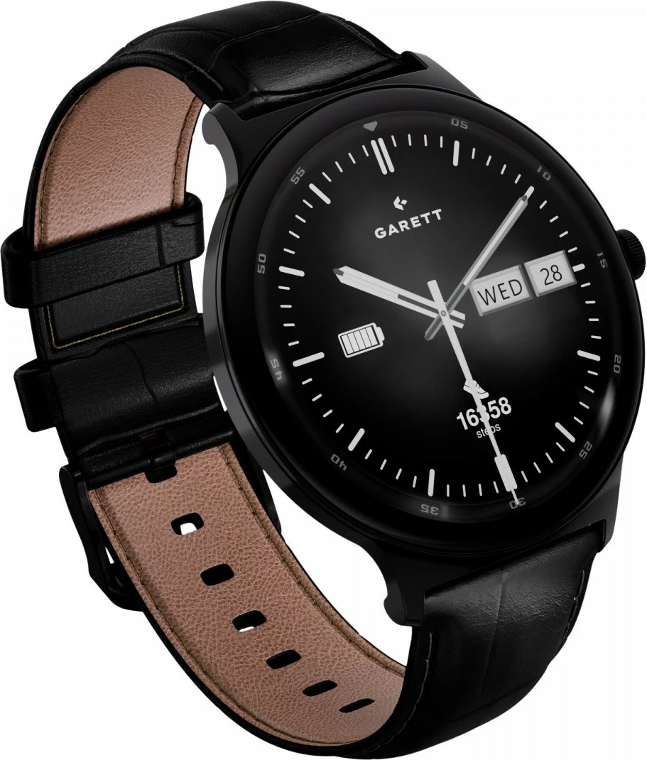 Smartwatch Garett Quantum AMOLED 1.43\" Bluetooth IP68, zi, set me byzylyk çelik + rrip lëkure i zi + dokë karikimi USB