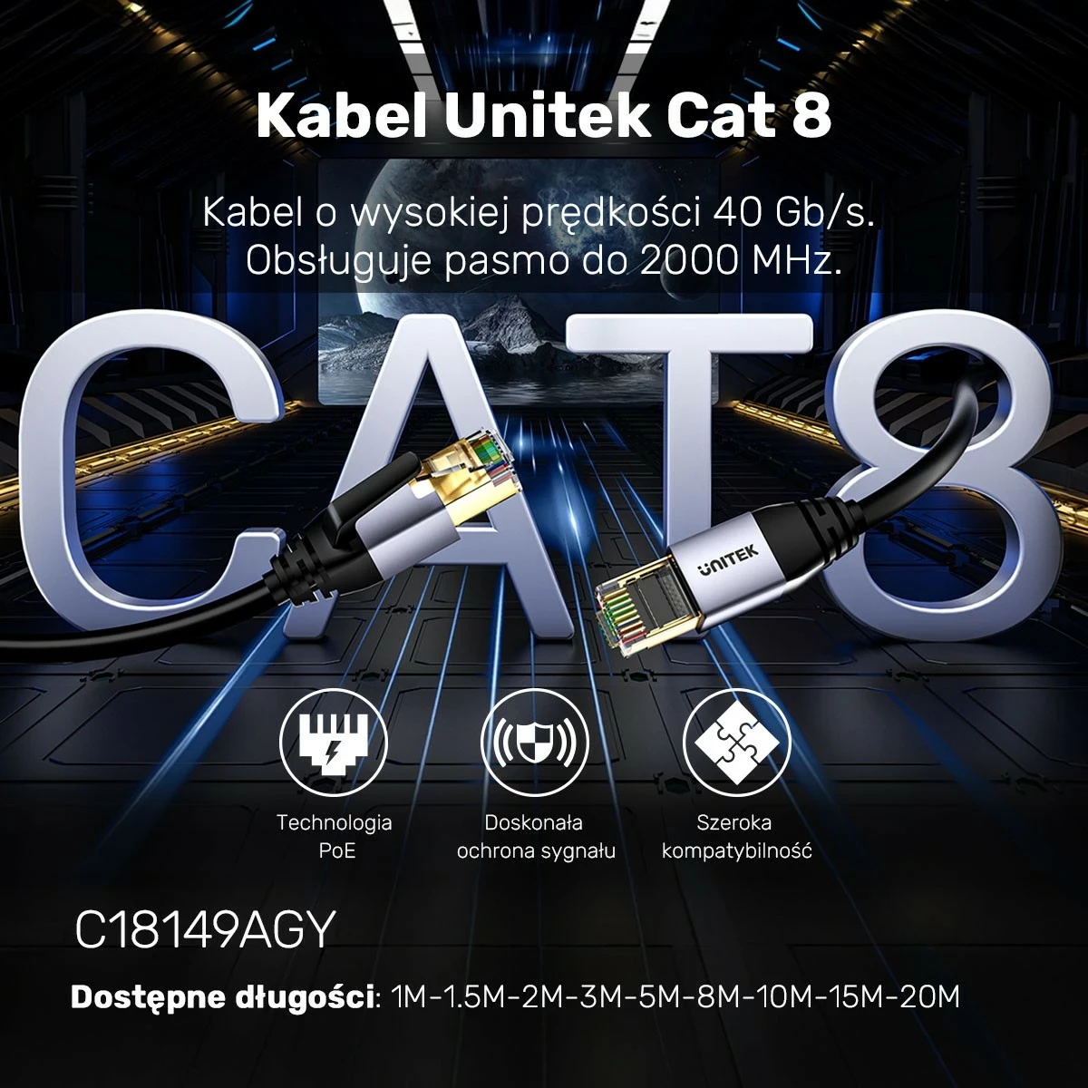 Kabëll Ethernet Unitek RJ-45 LAN, patchcord cat.8, 5m, ngjyrë zezë-gri
