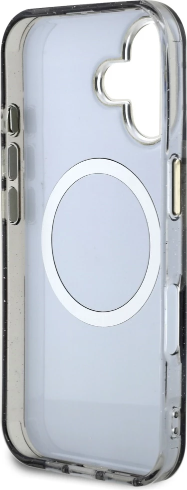 Mbështjellës Guess Glitter Flowers Triangle Buttons MagSafe për iPhone 16, i zi