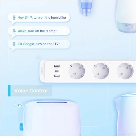 Ndarës prizash smart Wi‑Fi TP-LINK Tapo P300, 3 prizë individuale + 2x USB-A + 1x USB-C, PD/QC 18W, 1.5 m kabllo, bardhë