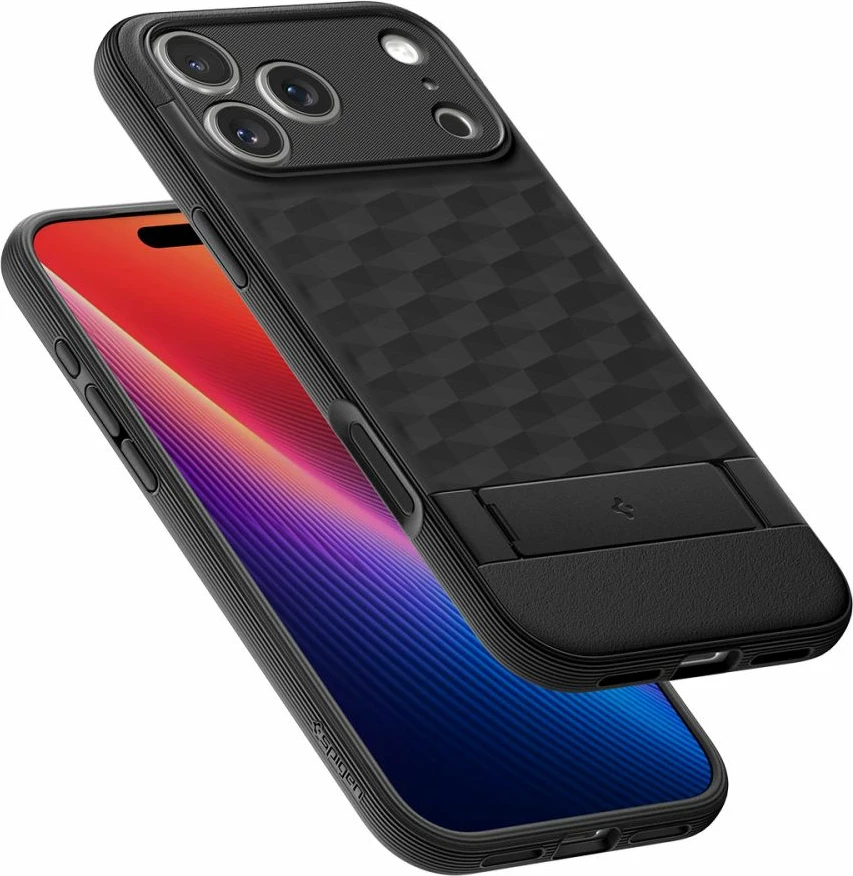 Mbështjellës Spigen Parallax S me MagSafe për iPhone 17 Pro, TPU me këmbë mbajtëse, e zezë mat