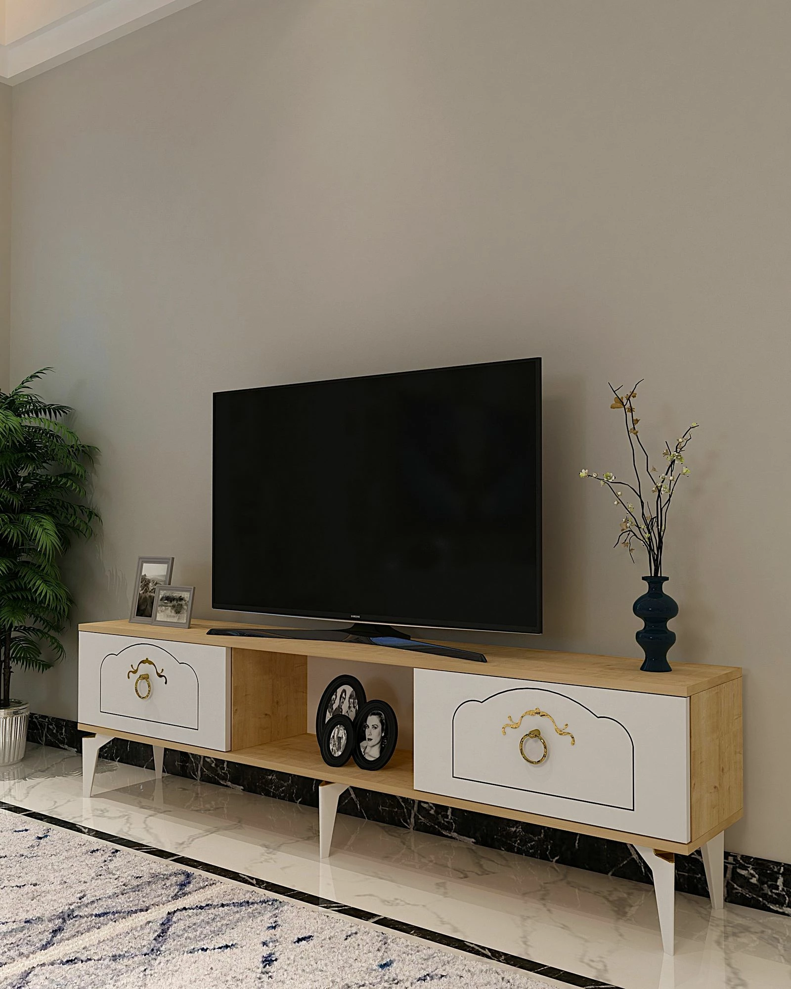Komodinë TV Skye Decor, ngjyrë lis safir, e bardhë