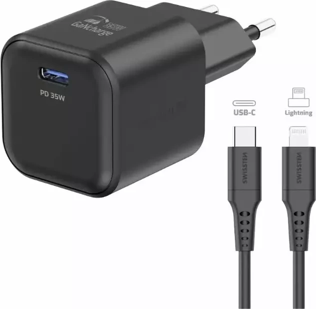 Karikues Swissten GaN 1x USB-C 35W POWER DELIVERY + Kabllo USB-C/LIGHTNING 1,2M