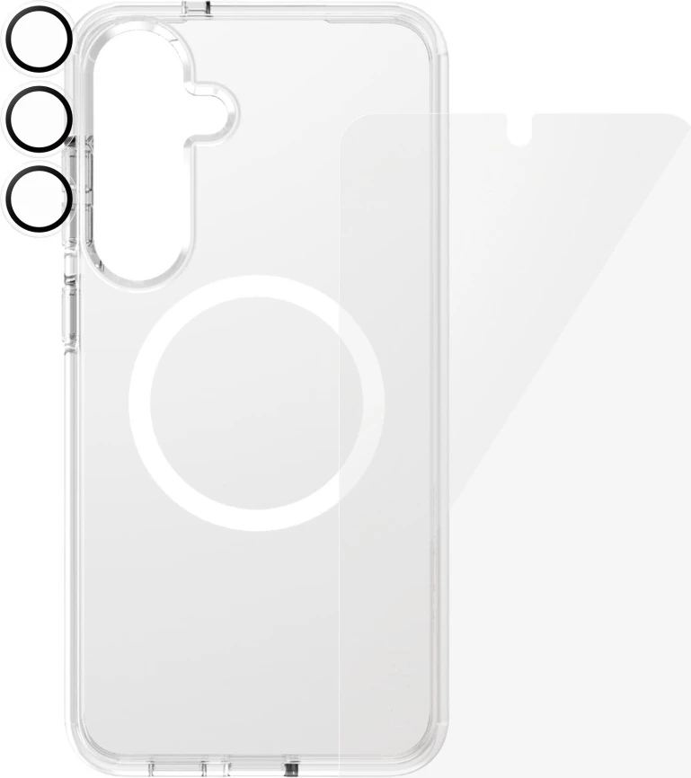 Mbështjellës PanzerGlass CARE Flagship 3in1 me xham mbrojtës dhe mbrojtëse lente për Samsung Galaxy S25+, Transparent