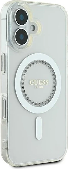 Mbështjellës Guess IML Rhinestones MagSafe për iPhone 16 Plus 6.7", hardcase TPU/PC, i bardhë, në kuti