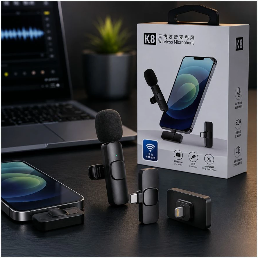 Mikrofon Wireless K8 me Marrës USB-C dhe Lightning për Video, Vlog dhe Intervista