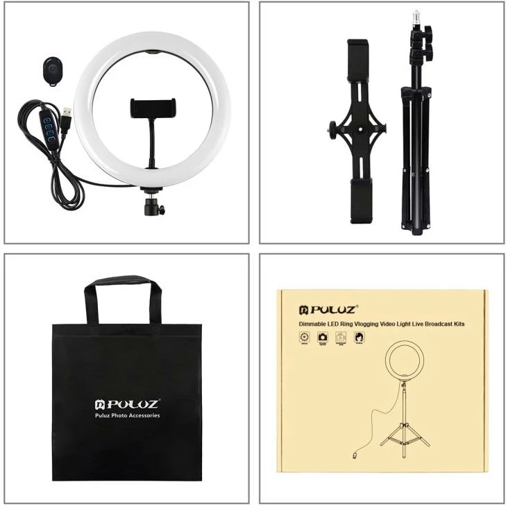 Ring light me tripod Puluz PKT3070B, 26cm, 1.1m, me mbajtëse të dyfishtë për telefon, 3 ngjyra ndriçimi