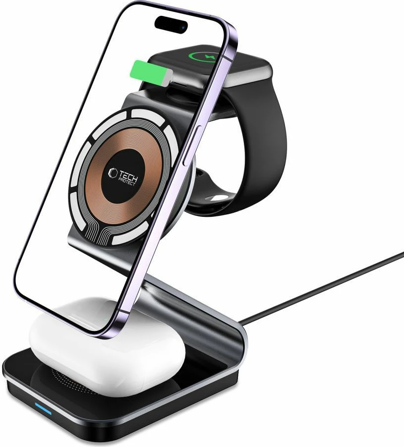 Karikues induktiv 3-në-1 Tech-Protect QI15W-A29 me MagSafe, për smartphone, Apple Watch dhe AirPods, i zi