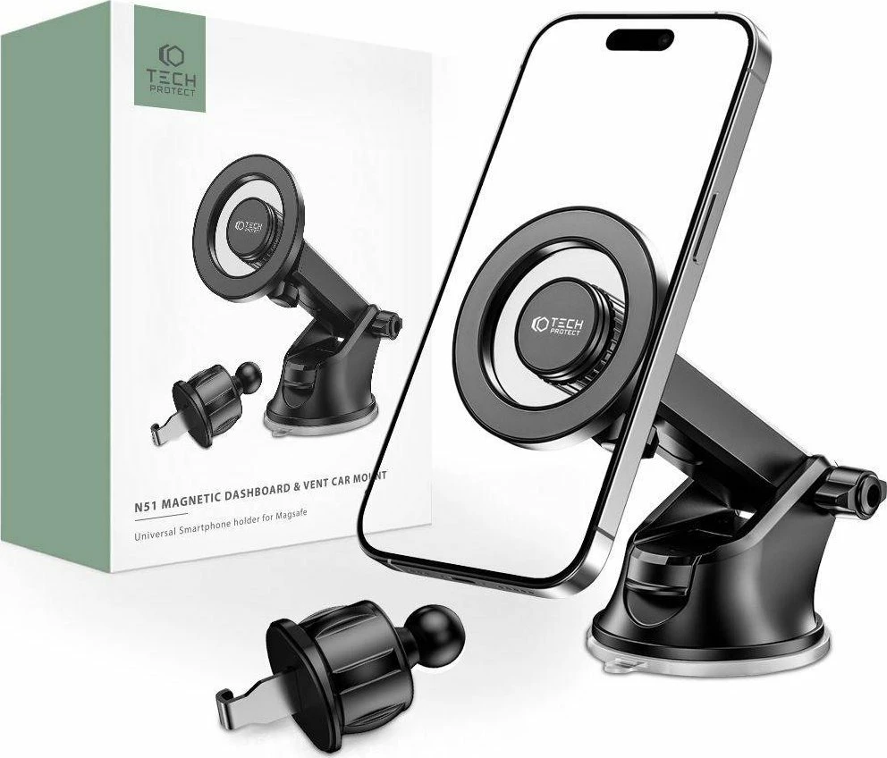 Mbajtëse magnetike për veturë Tech-Protect N51 MagSafe, 2-në-1 (vakum + grilë ventilimi), 360°, e zezë, set 3 copë