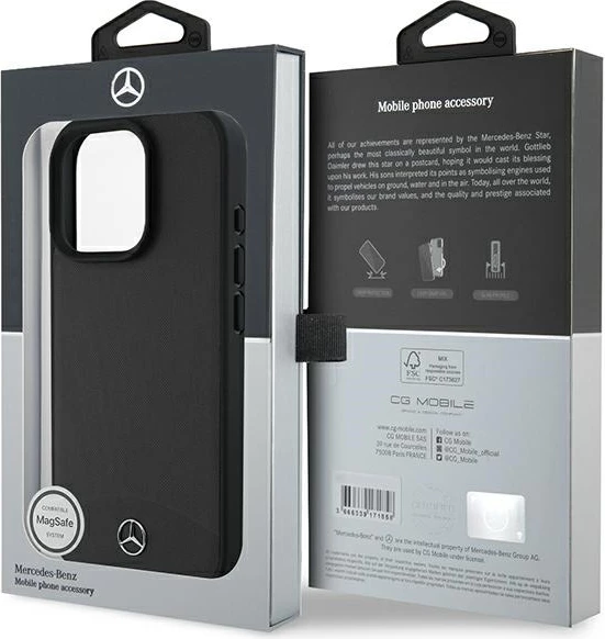 Mbështjellës Mercedes për iPhone 16 Pro Max, lëkurë teksturë dhe e lëmuar, MagSafe, zi