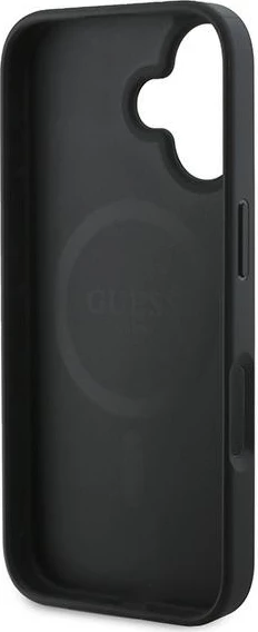 Mbështjellës Guess Peony Script MagSafe për iPhone 16 Plus, lëkurë eko, i zi