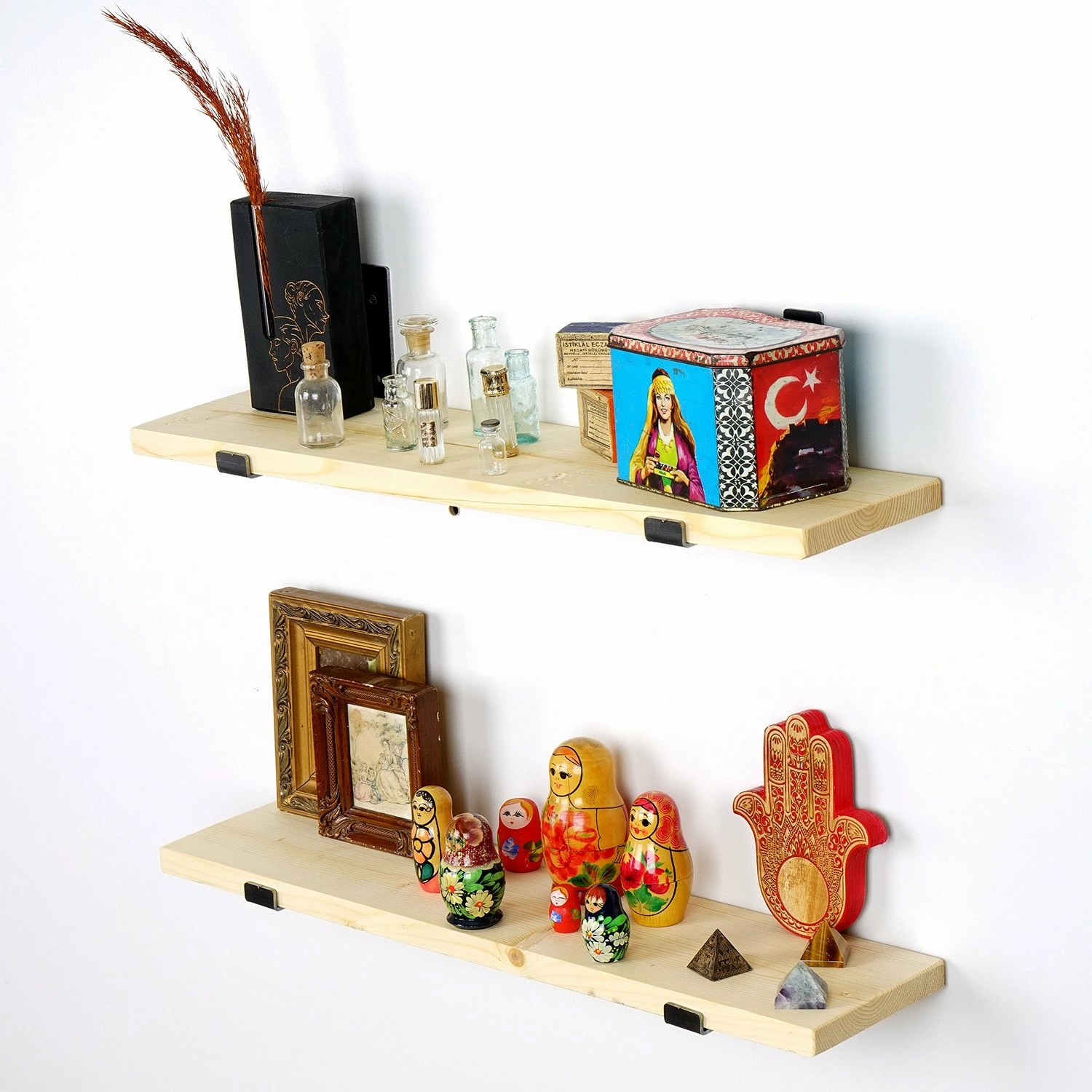Raft muri Hanah Home, Lam008, dru pishe, ngjyrë e zezë dhe lisi, 60x16x14cm