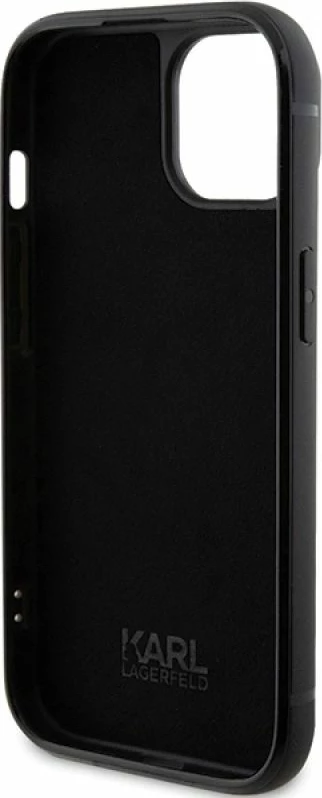 Mbrojtëse telefoni Karl Lagerfeld Rhinestone Logo Metal Plate për iPhone 15, e zezë