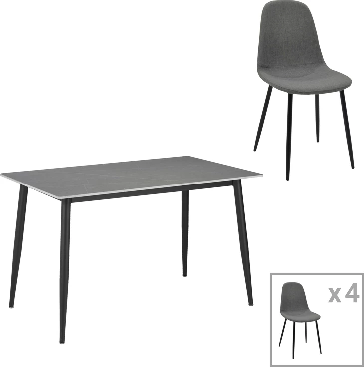 Tavolinë me karrige Gustas-Bella set prej 5 copash, gur i sinteruar, ngjyrë mermeri gri, metal i zi, 120x60x75cm