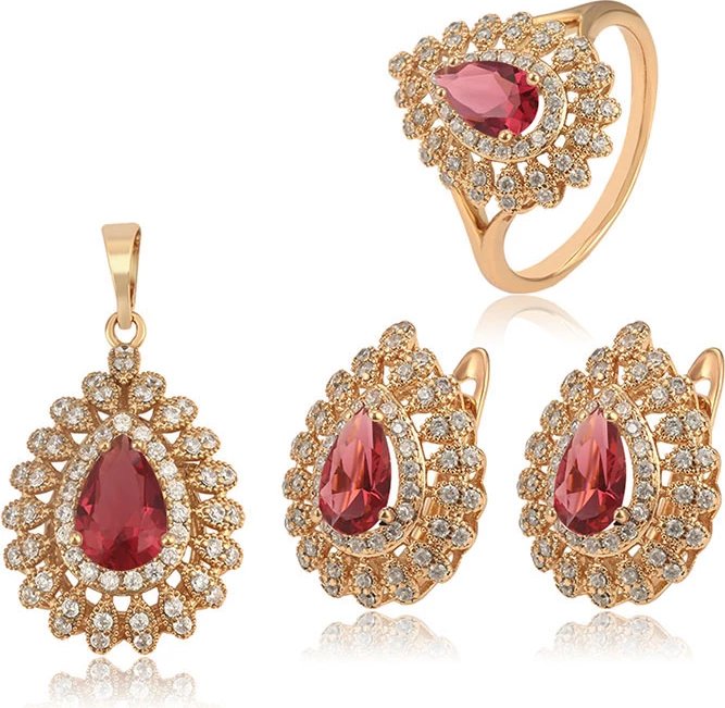 Set të praruara në ari 18 karatësh Xuping V2UA - varëse + vathë + unazë artë/kuqe