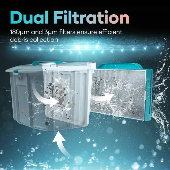 robot pastrues pishine AIPER Scuba L1, me bateri 7800mAh, 250 LPM, deri 100m², 100 min, bardh/zi me detaje turkeze