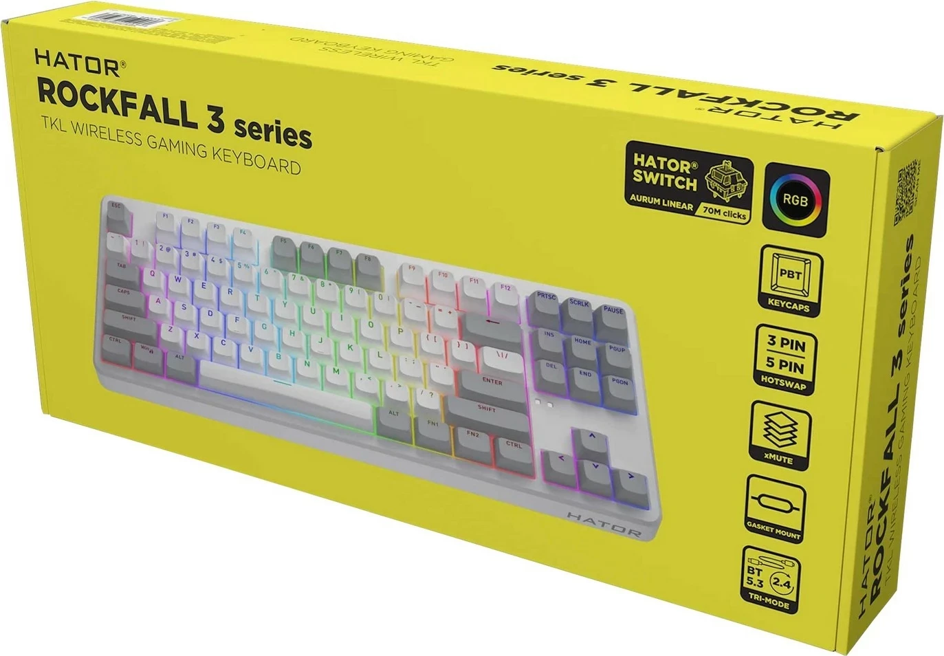 Tastierë mekanike Hator Rockfall 3 TKL Wireless, RGB, Hot-Swap, e bardhë