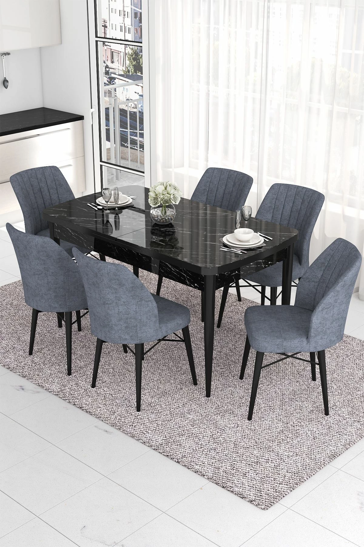 Tavolinë me karrige, set 7 pjesësh, ngjyrë mermeri të zi dhe fume, Skye Decor, Eva