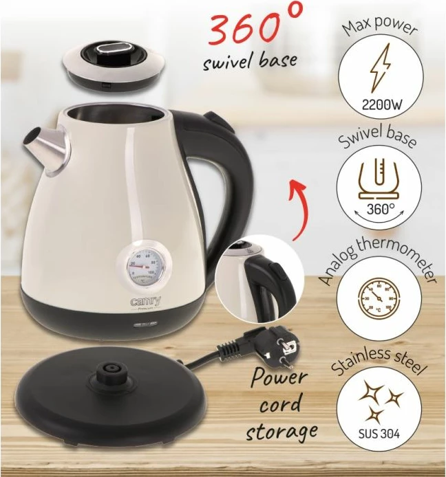 Çajnik elektrik CAMRY CR1344CR 1.7L 2200W me termometër, krem