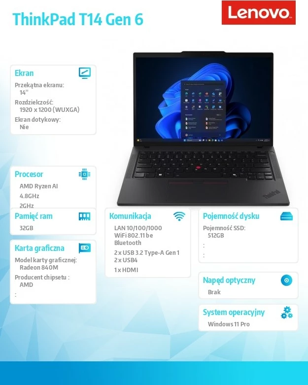 Kompjuter portativ Lenovo ThinkPad T14 Gen 6 21QJ000TPB, Ryzen AI 5 PRO 340, 32GB RAM Memorje, 512GB SSD, 14.0 WUXGA, Radeon 840M, Windows 11 Pro, i zi, 3 vite Premier Support + CO2 Offset