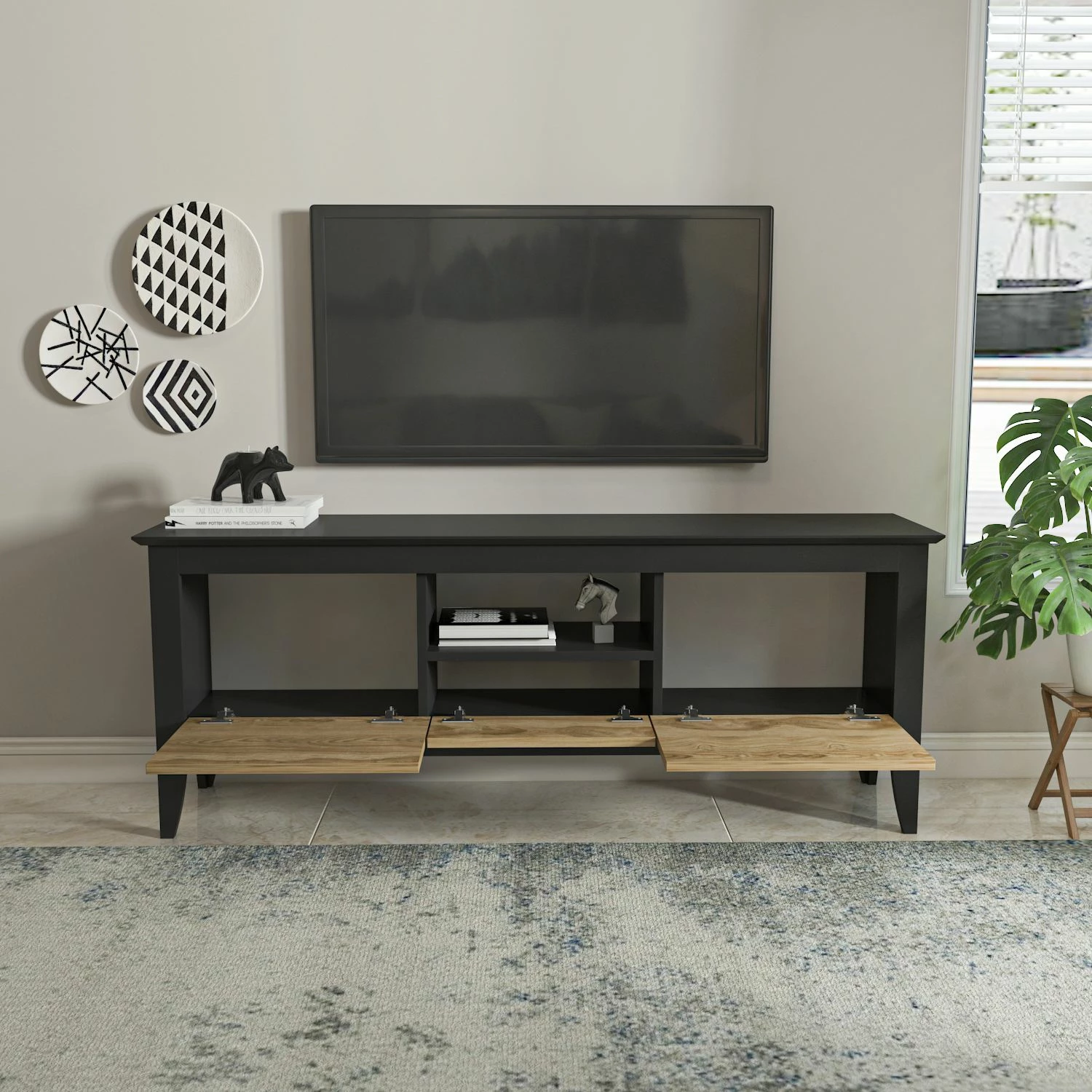 Komodë TV Skye Decor, moderne, ngjyrë e zezë dhe lisi oud