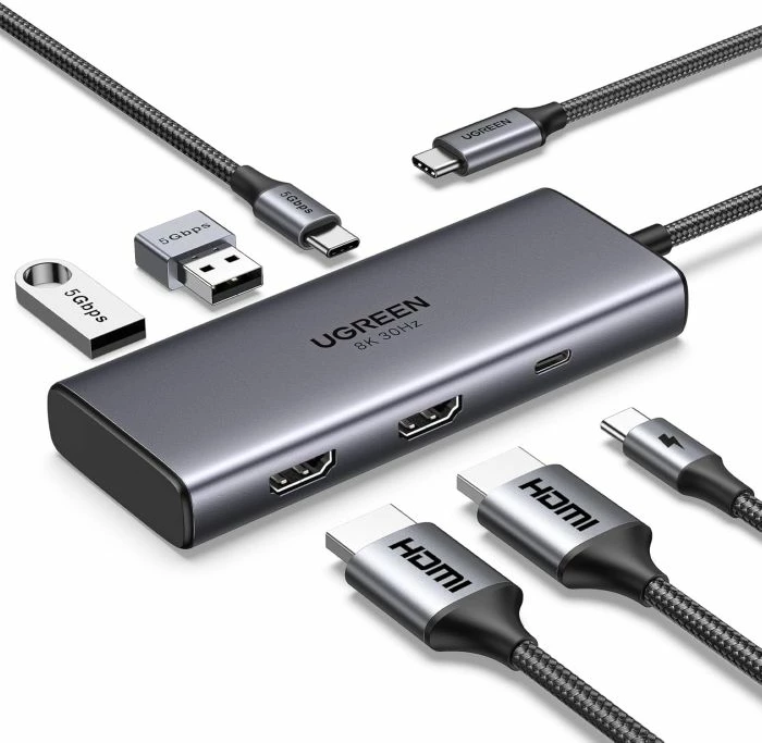 Stacion dokimi USB-C UGREEN 45379 6-në-1, 2x HDMI, PD 100W, 5Gbps, 2x USB-A, gri