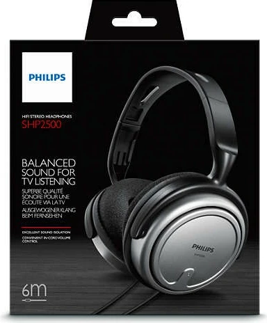 Kufje Philips SHP2500/10 full-size me kabllo 6 m, stereo, kontroll i volumit, 3.5 mm + 6.3 mm, 32 Ω, Black/Silver