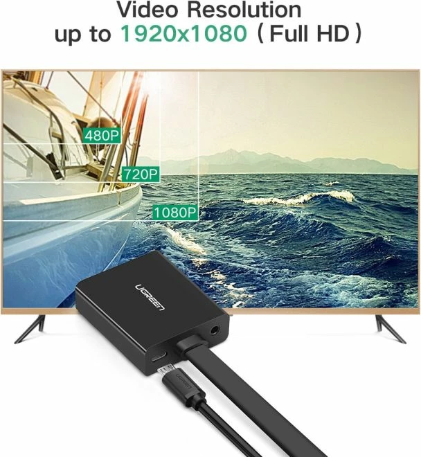Konvertues HDMI në VGA UGREEN 40248, me audio 3.5mm + MicroUSB power, 16cm, i zi, me kuti