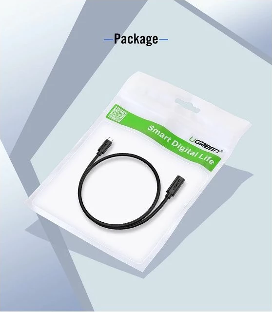 kabllo zgjatëse USB-C, UGREEN 40574, USB-C (male) në USB-C (female), USB 3.1, 0.5m, PD 60W 3A, 5Gbps, e zezë, polybag
