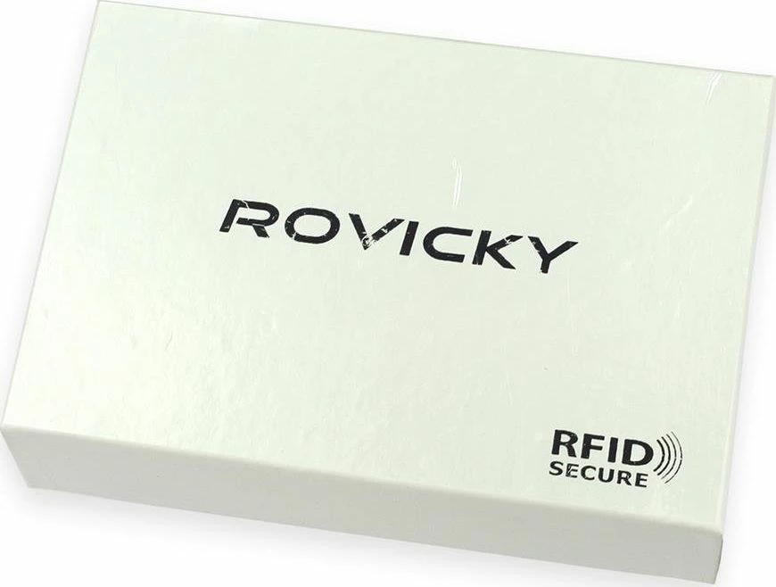 Kuletë për meshkuj Rovicky N992L-RVT, lëkurë natyrale, RFID, horizontale, e zezë, me kuti dhuratë