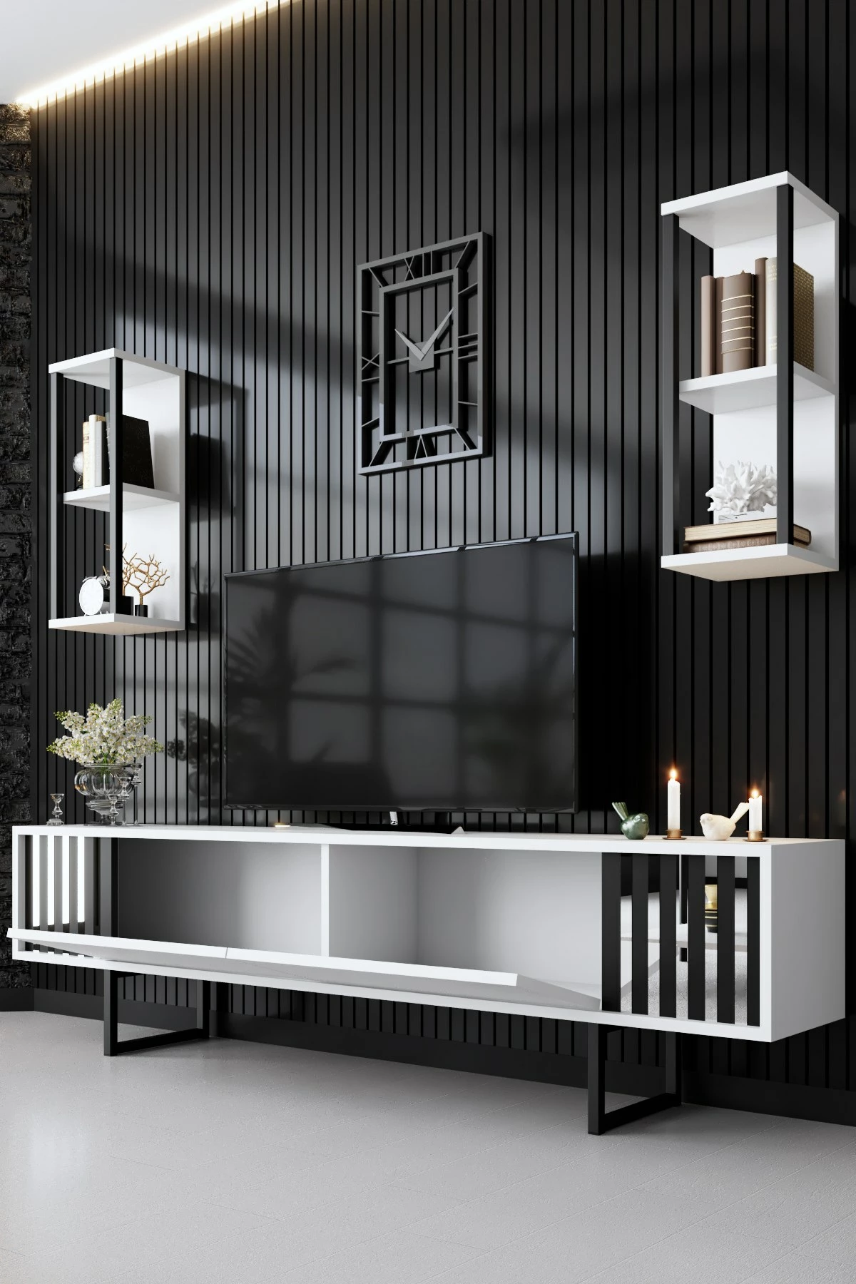 Komodë TV Hanah Home, Chrome Line, e bardhë dhe e zezë