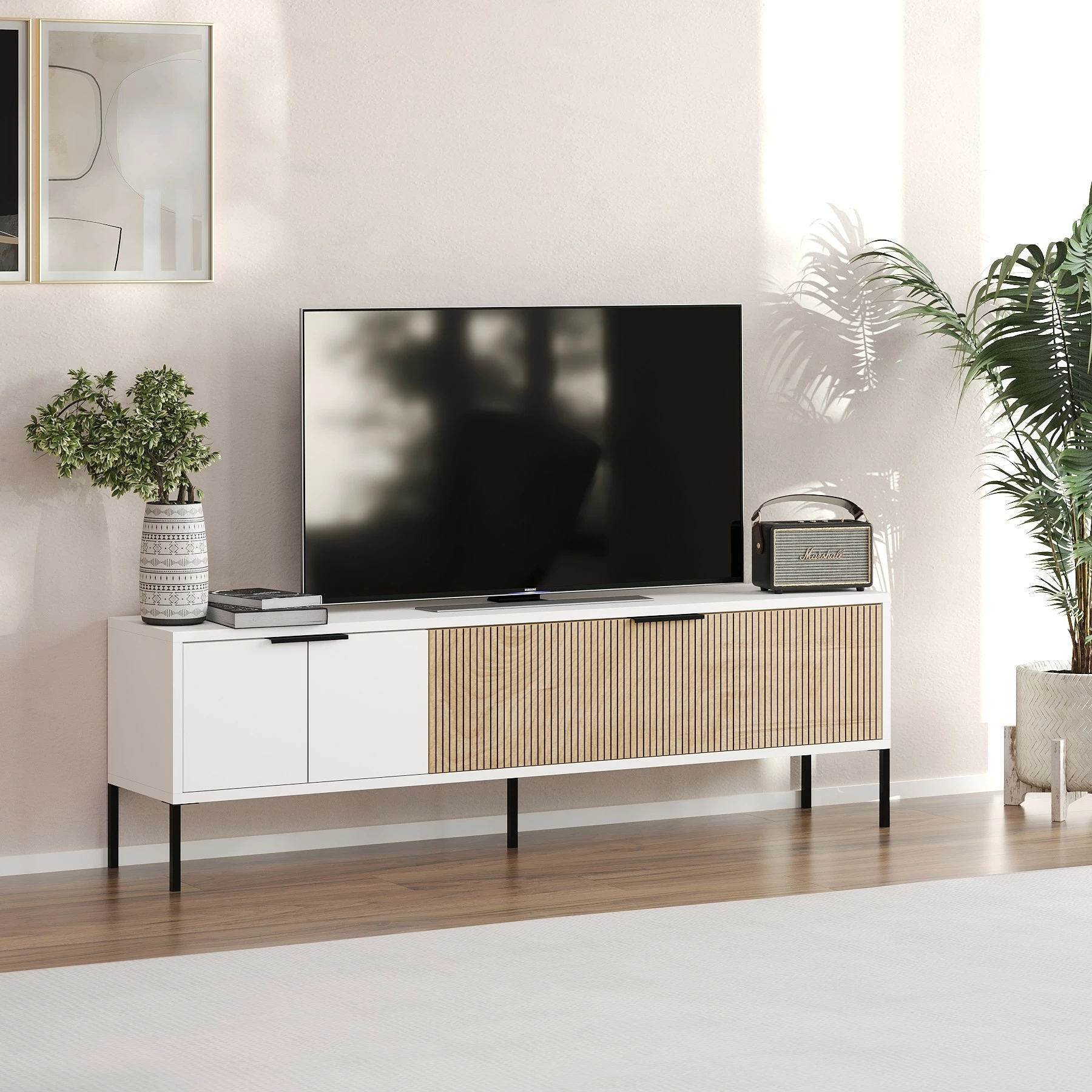 Komodë TV Skye Decor, ngjyrë e bardhë dhe ratan