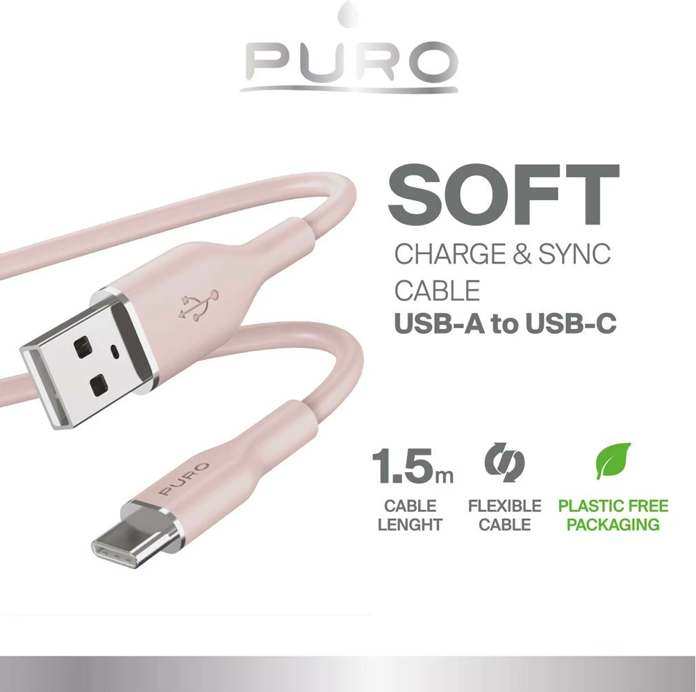 Kabllo USB-A në USB-C Puro Soft 1.5m, silikon, rozë