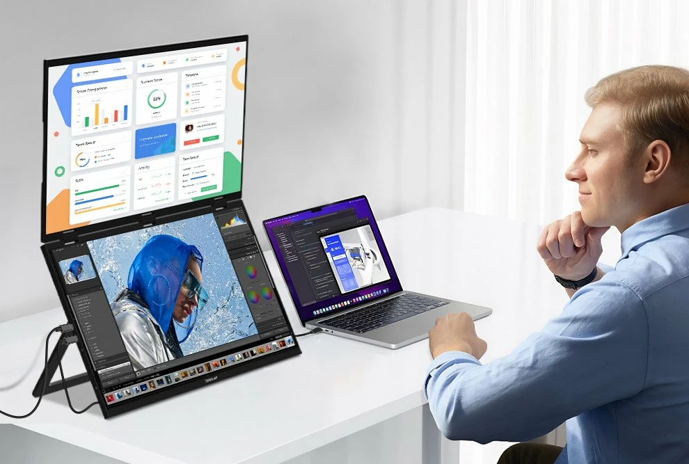 Monitor portativ Zeuslap Z18W, dy ekrane 18.5\" FHD IPS 120Hz, USB-C, i zi, set