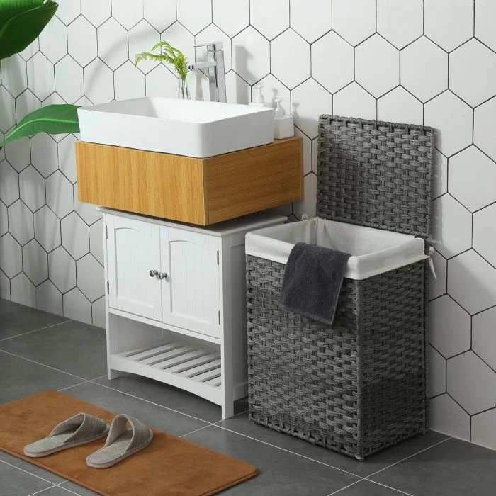 Shportë rrobash SONGMICS LCB51WG 90L me kapak, me doreza, e palosshme, gri