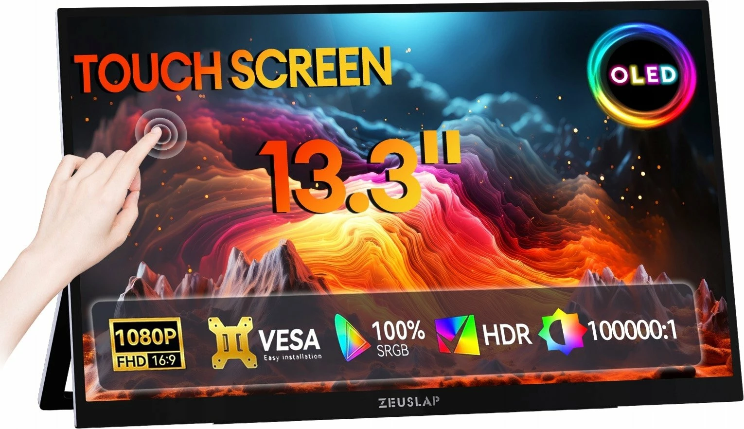 Monitor portativ Zeuslap OL133ED 13.3\" OLED Full HD touchscreen, USB-C/Mini HDMI, VESA, i zi