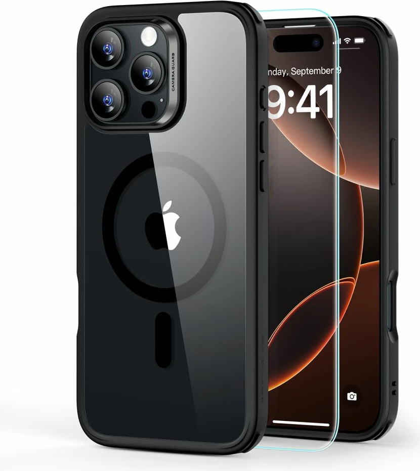 Mbështjellës ESR Classic Hybrid HaloLock me MagSafe + xham i temperuar për iPhone 16 Pro Max, Transparent me kornizë të zezë